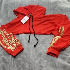 Red Cropped Hoodie with Gold Chain Design